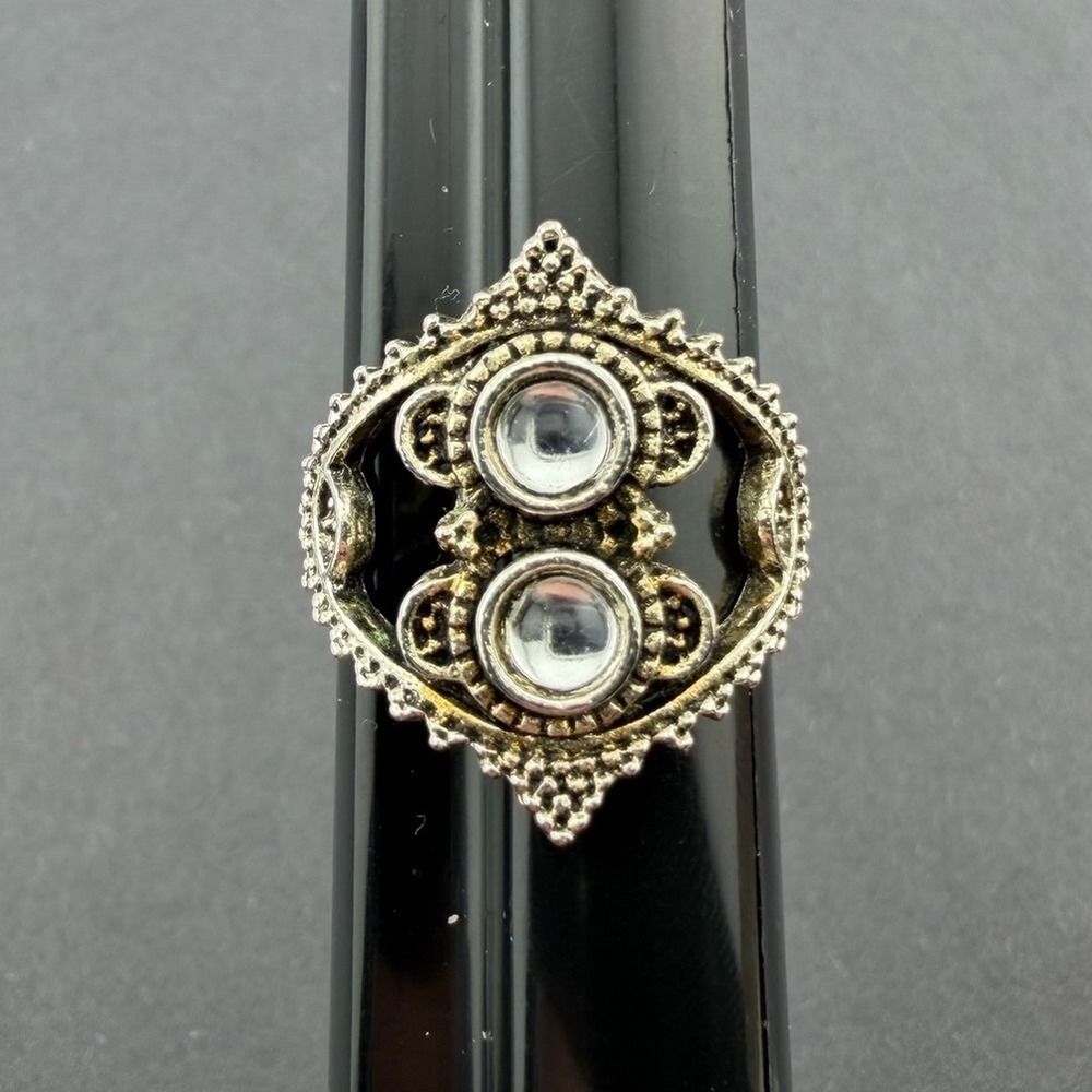 Vintage Style Silver Tone Faux Moonstone Filigree Statement Ring Size 7.75